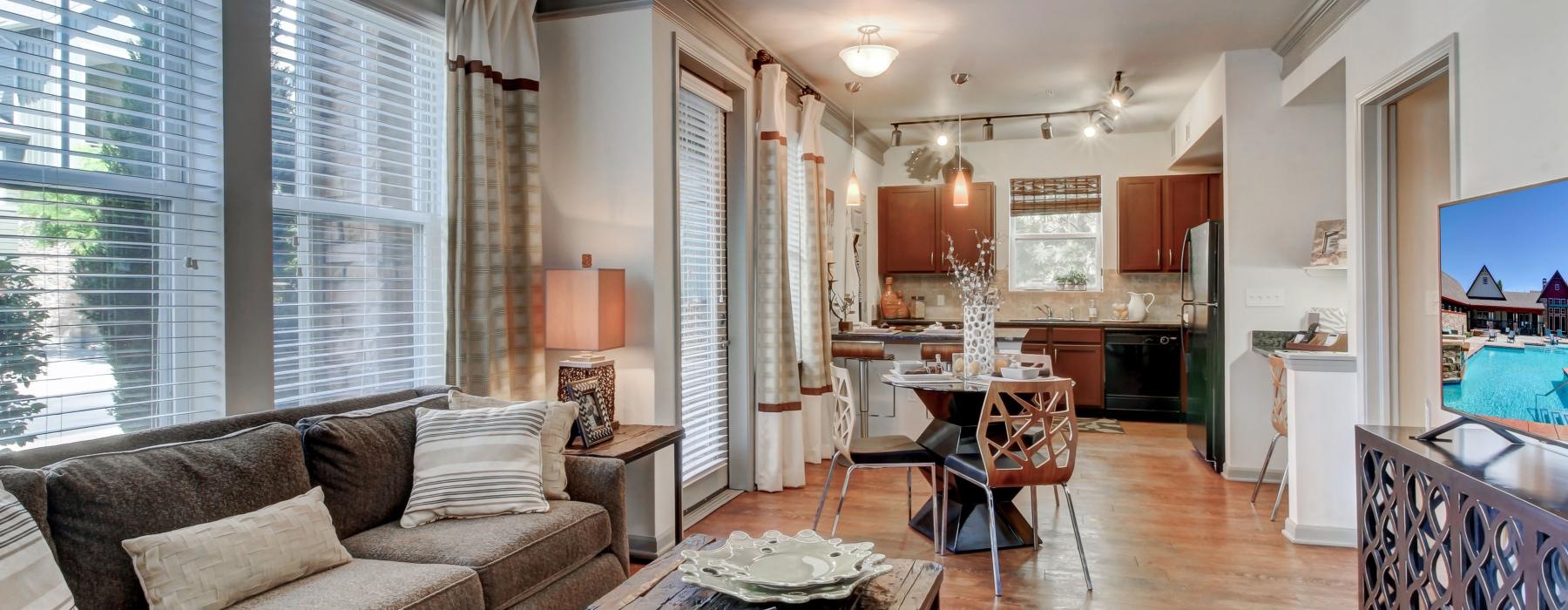 a living room with a couch and a table