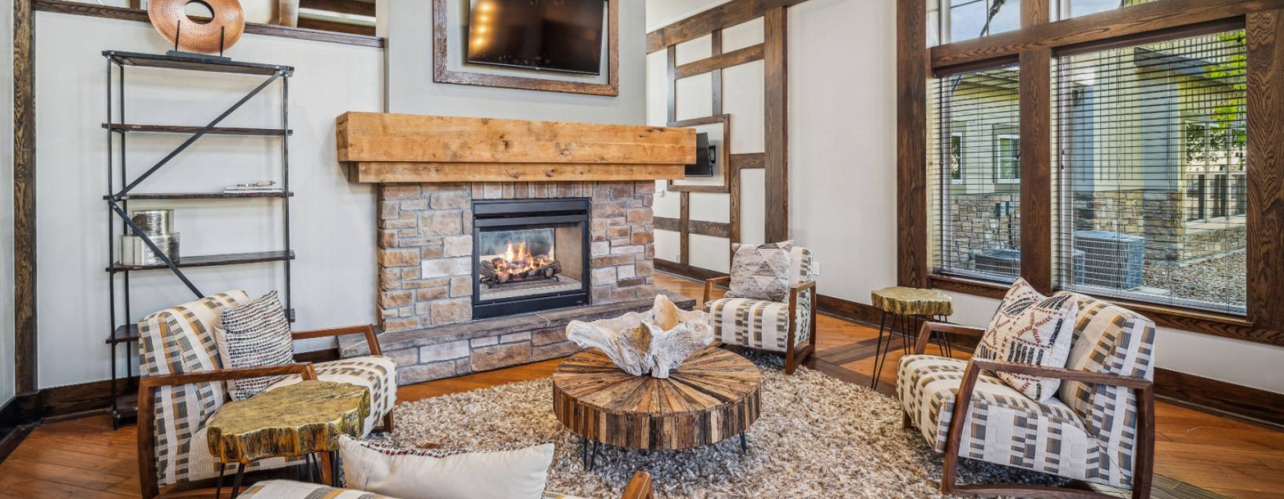 a living room with a fireplace